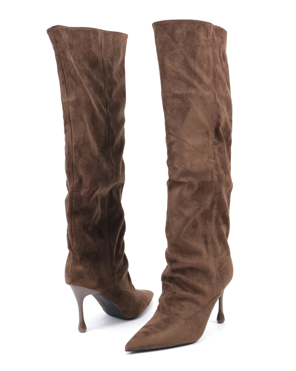 Brown pointed-toe slouch stiletto knee-high boots angle view