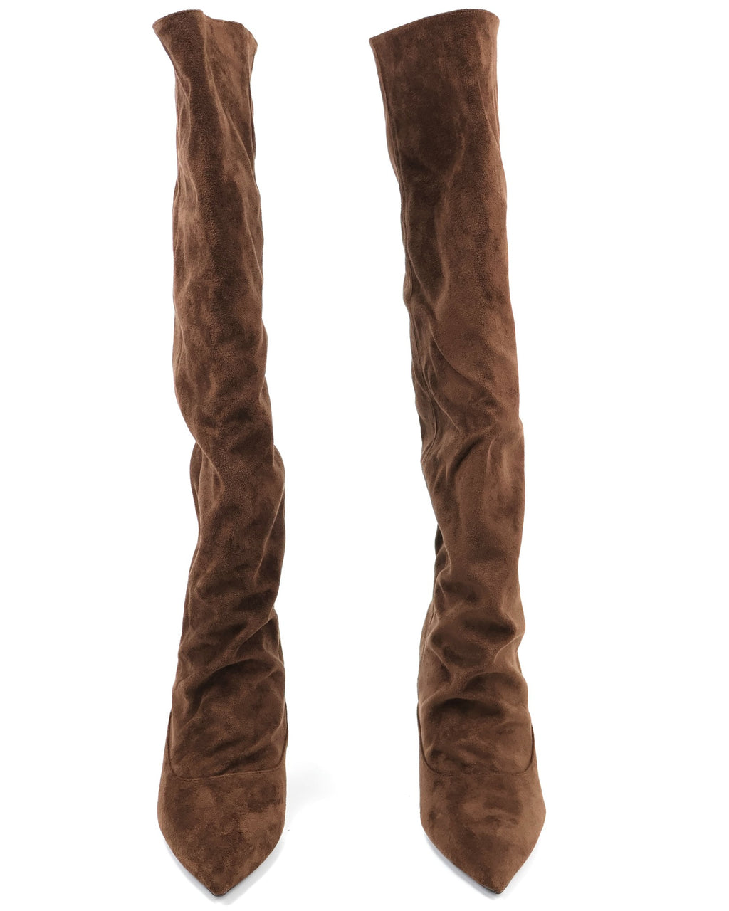 Brown pointed-toe slouch stiletto knee-high boots front view