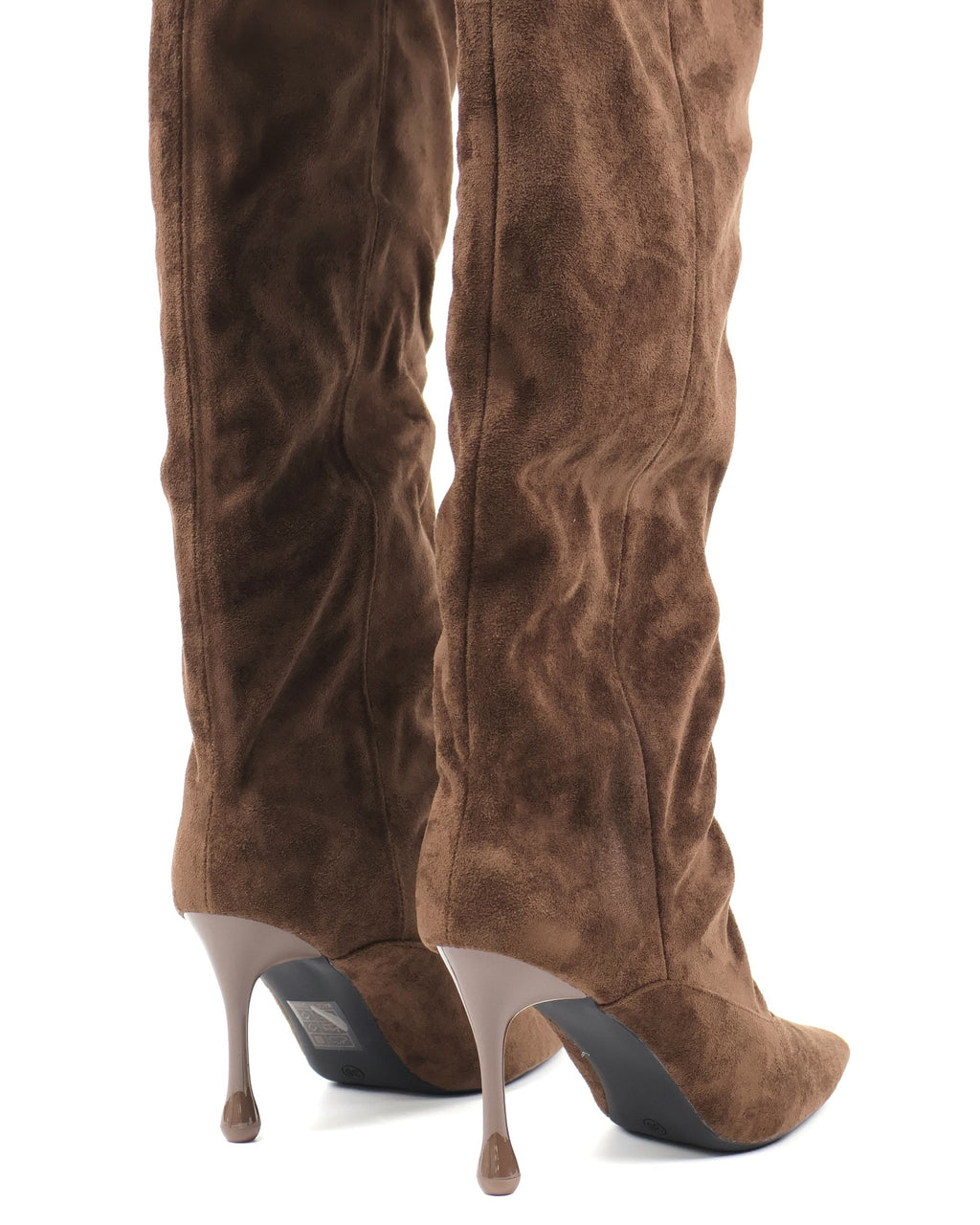 Brown pointed-toe slouch stiletto knee-high boots heel detail