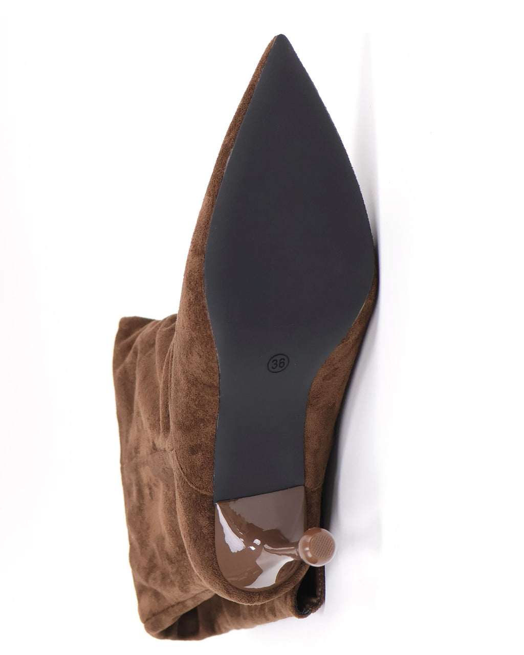 Brown pointed-toe slouch stiletto knee-high boots outsole detail