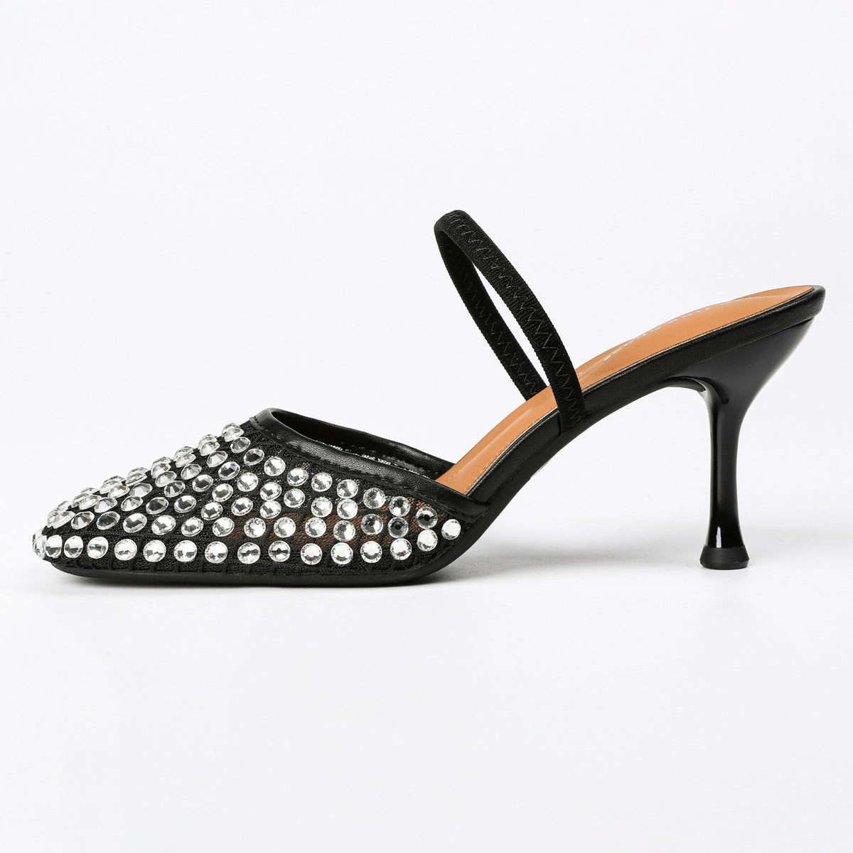 Black rhinestone mesh heeled mule side profile