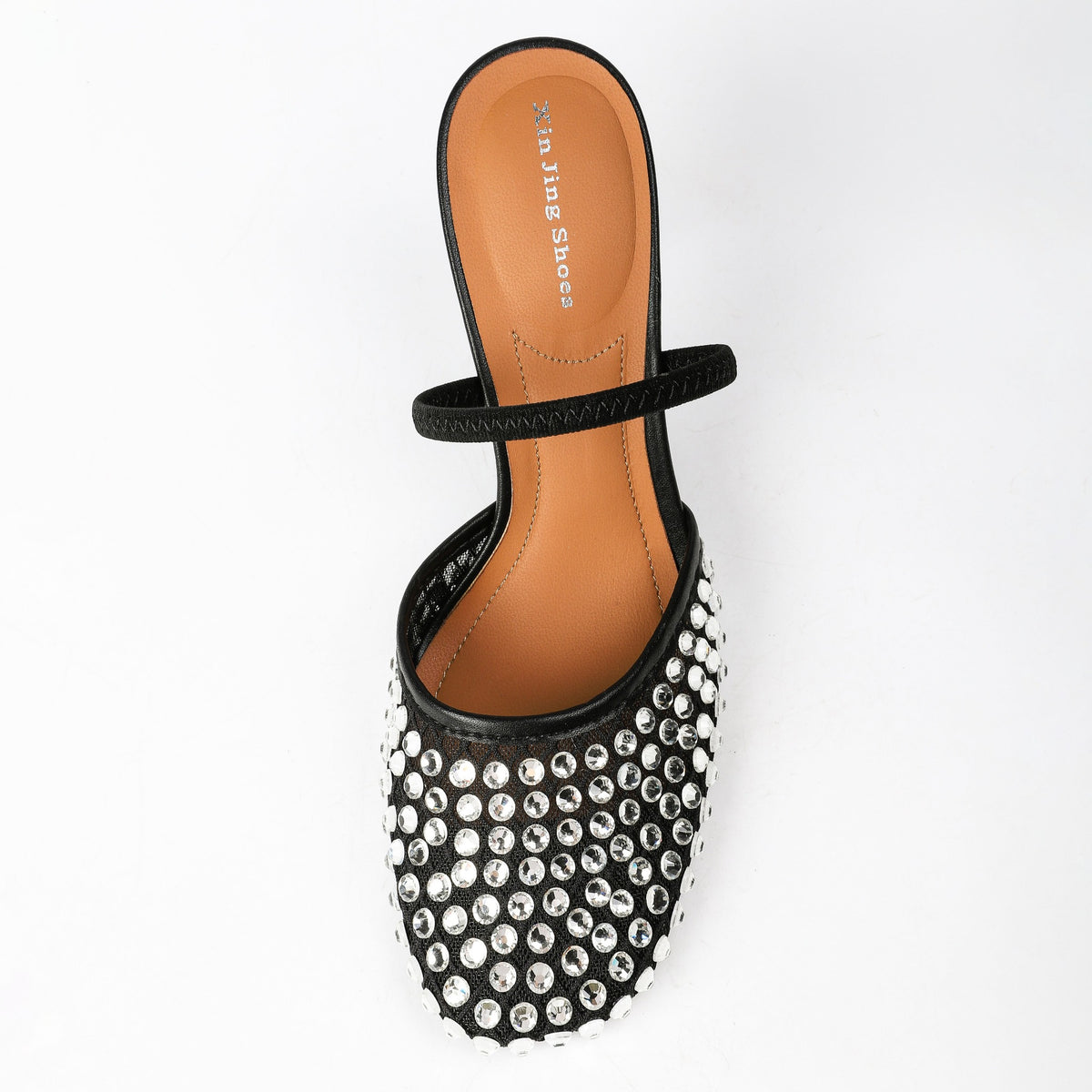 Black rhinestone mesh heeled mule overhead
