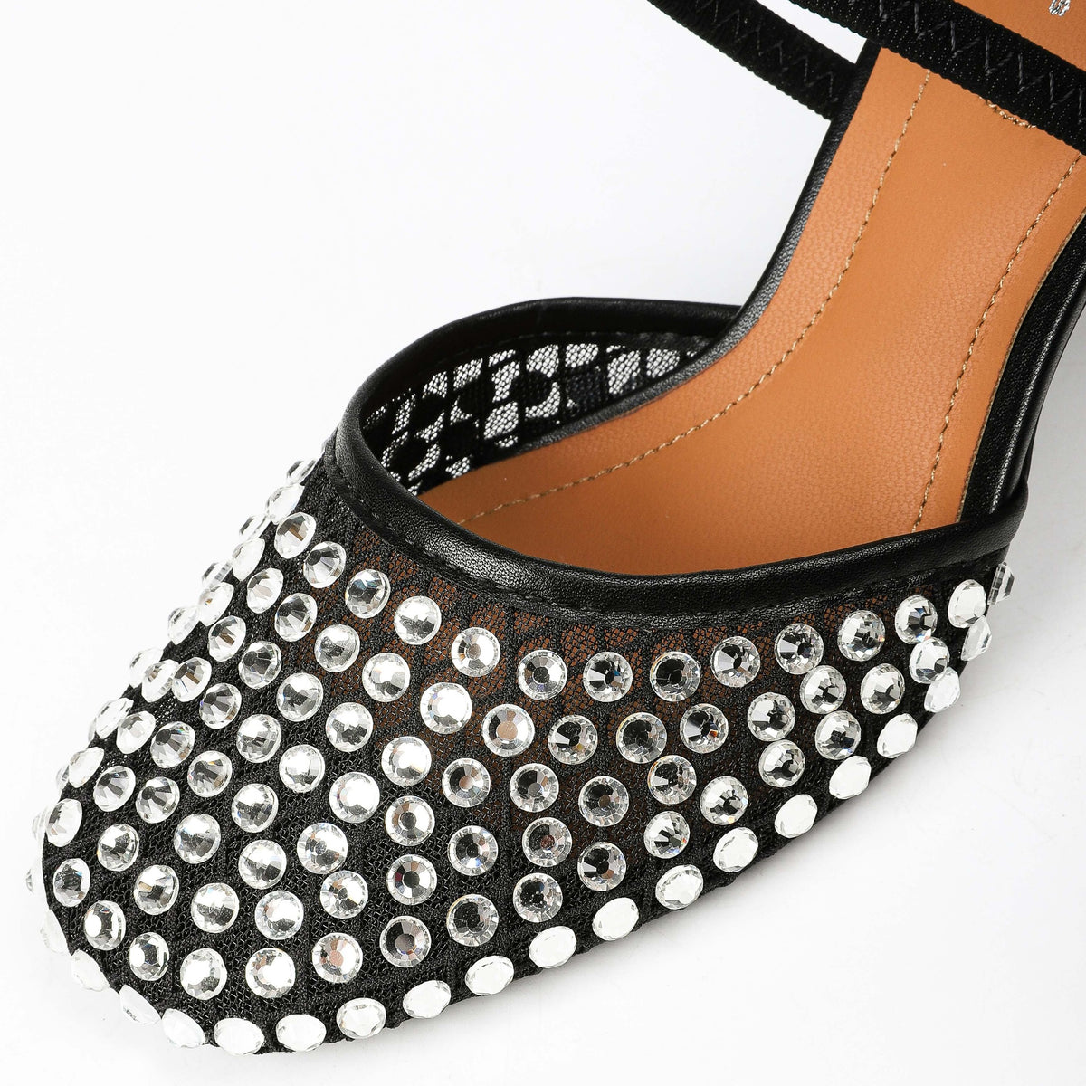 Black rhinestone mesh mule upper detail