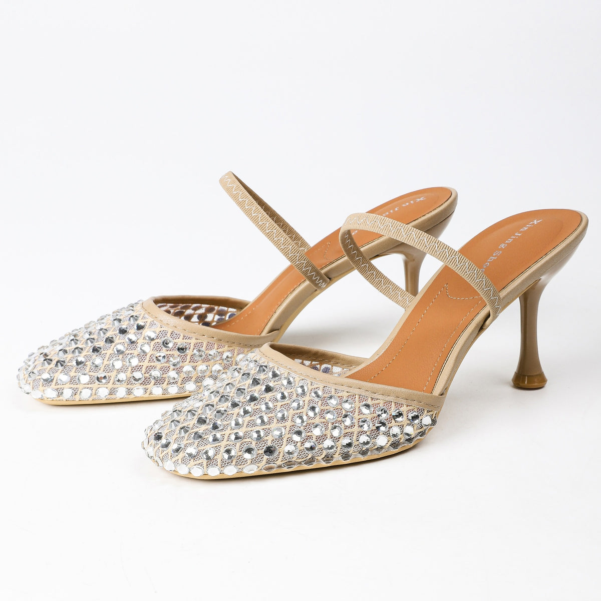 Khaki rhinestone mesh heeled mules pair on white background