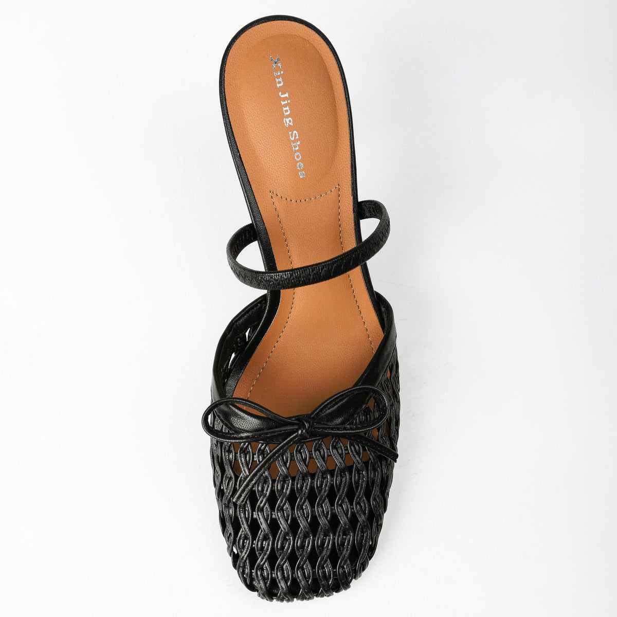 Black woven bow mule top view