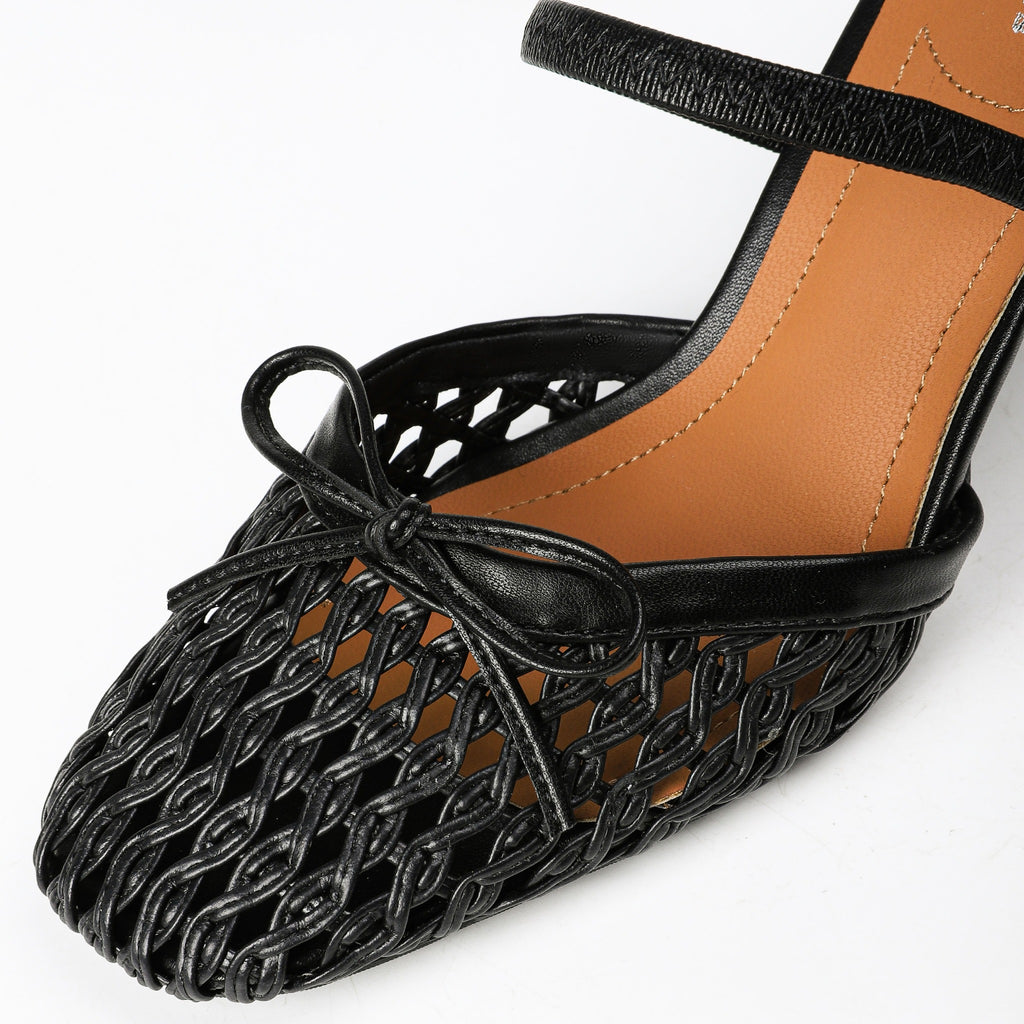 Black bow and woven toe detail