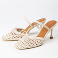 Khaki woven bow square-toe heeled mules, pair front view
