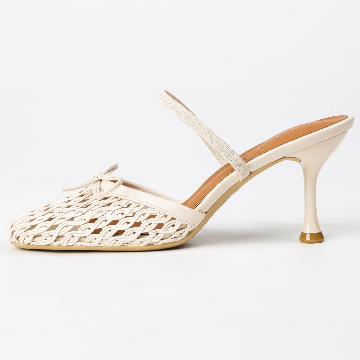 Khaki woven bow high heel mule side profile