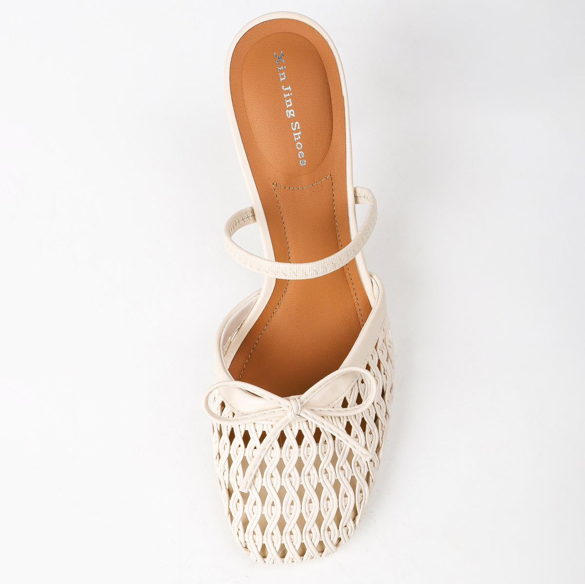 Khaki woven bow mule top view