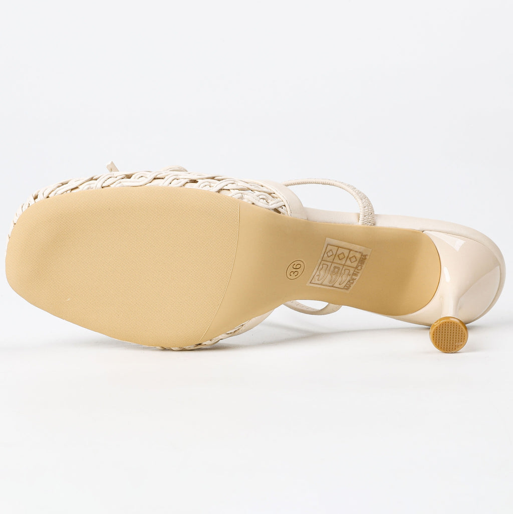 Khaki woven heeled mule outsole