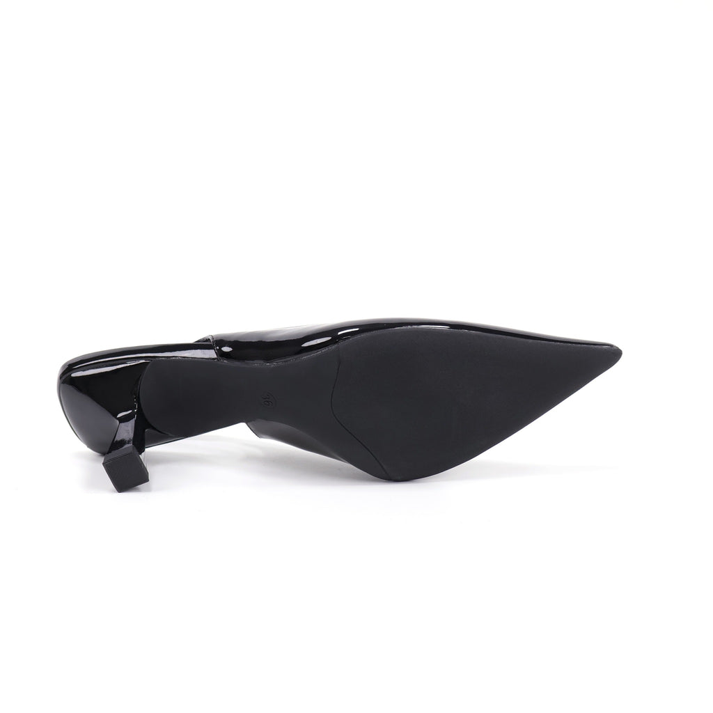 Black pointed-toe patent slingback pumps
