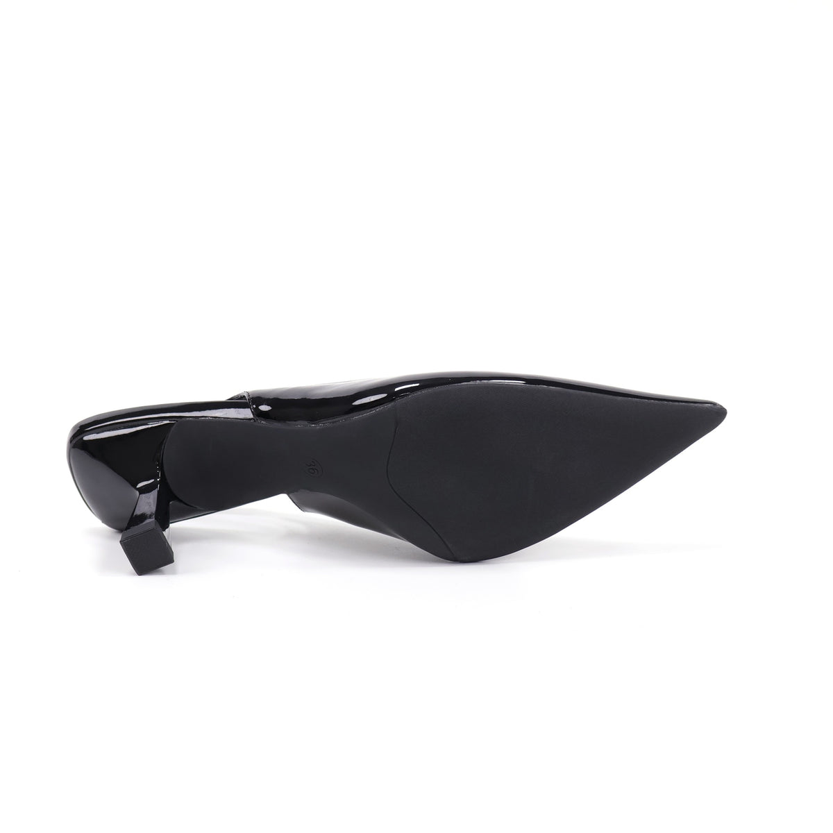 Black pointed-toe patent slingback pumps