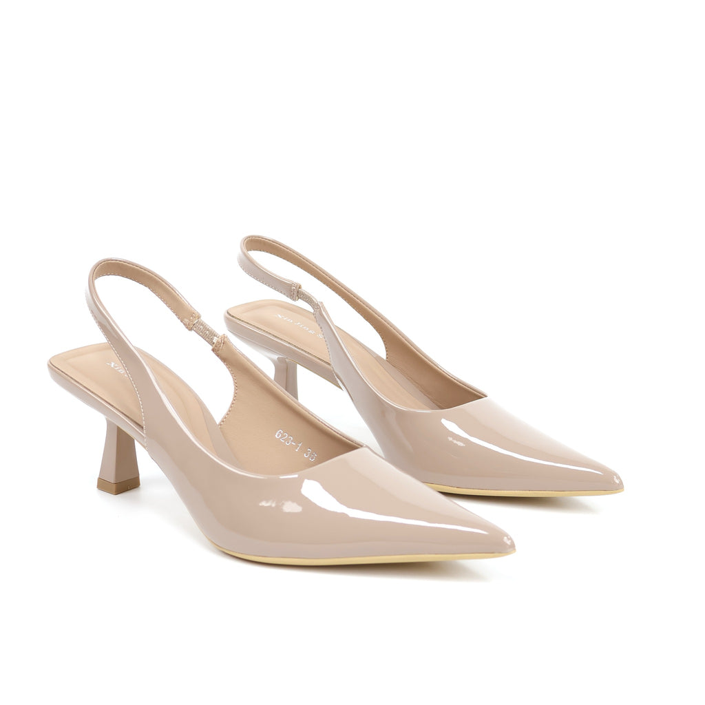 Khaki pointed-toe patent slingback pumps