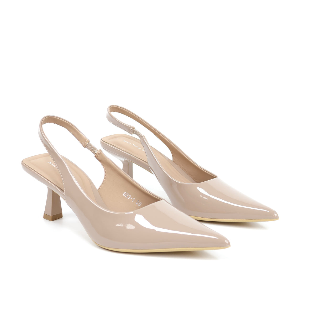 Khaki pointed-toe patent slingback pumps