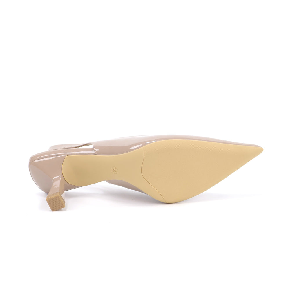 Khaki pointed-toe patent slingback pumps