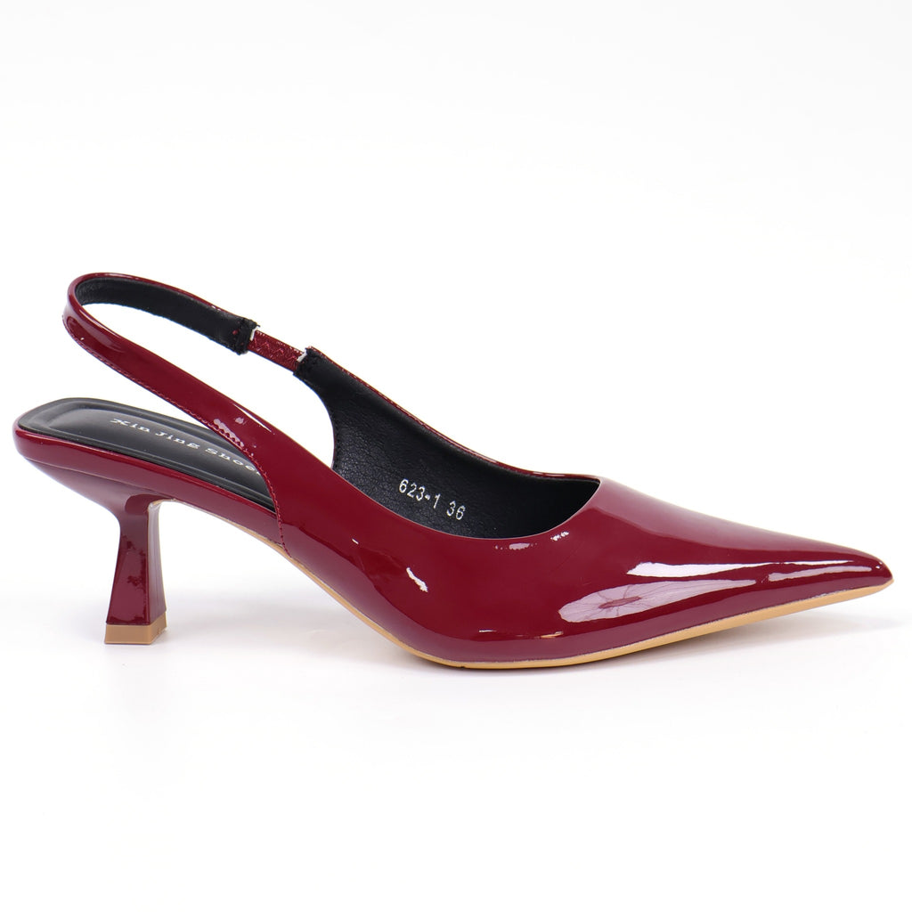 Wine Red pointed-toe patent slingback pumps