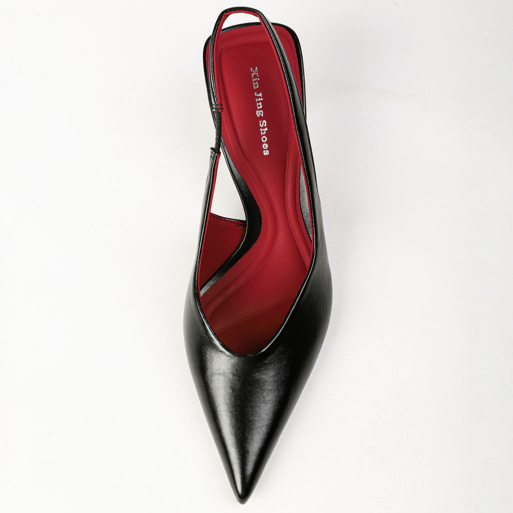 Black pointed-toe slingback heel top view