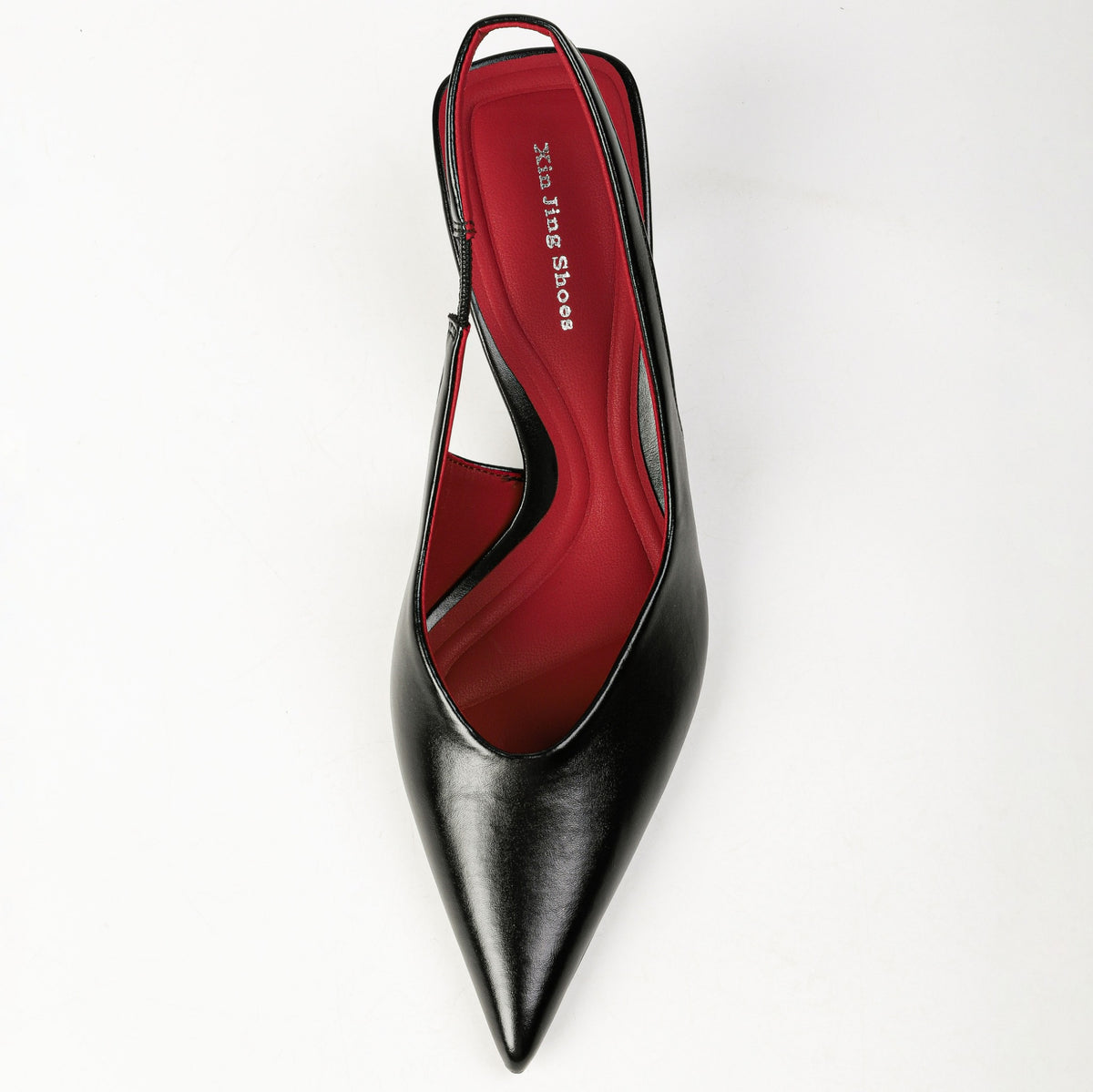 Black pointed-toe slingback heel top view