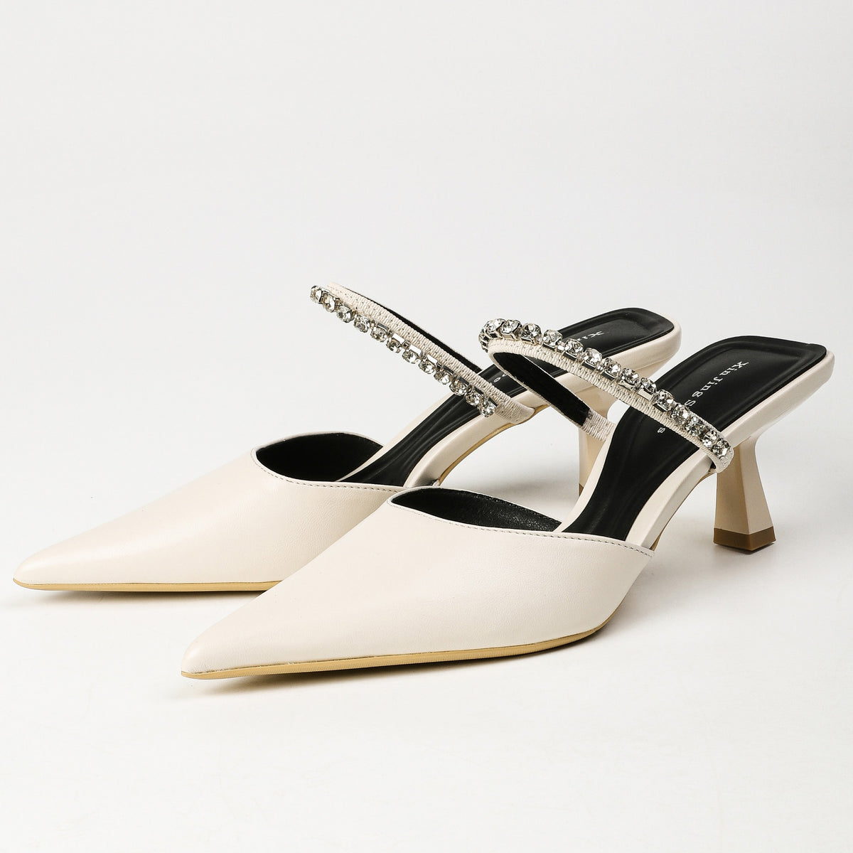 Apricot pointed-toe rhinestone strap mules, pair