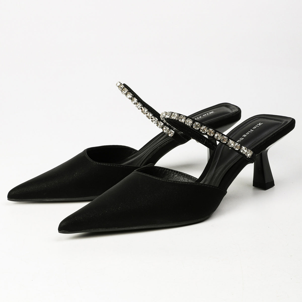 Black pointed-toe rhinestone strap heeled mules, pair