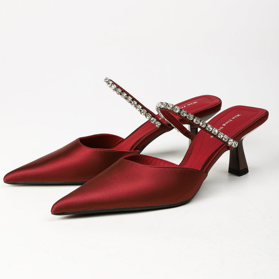 Burgundy pointed-toe rhinestone strap mules, pair