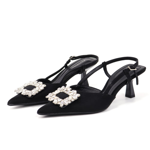 Black pointed-toe crystal buckle slingback heels