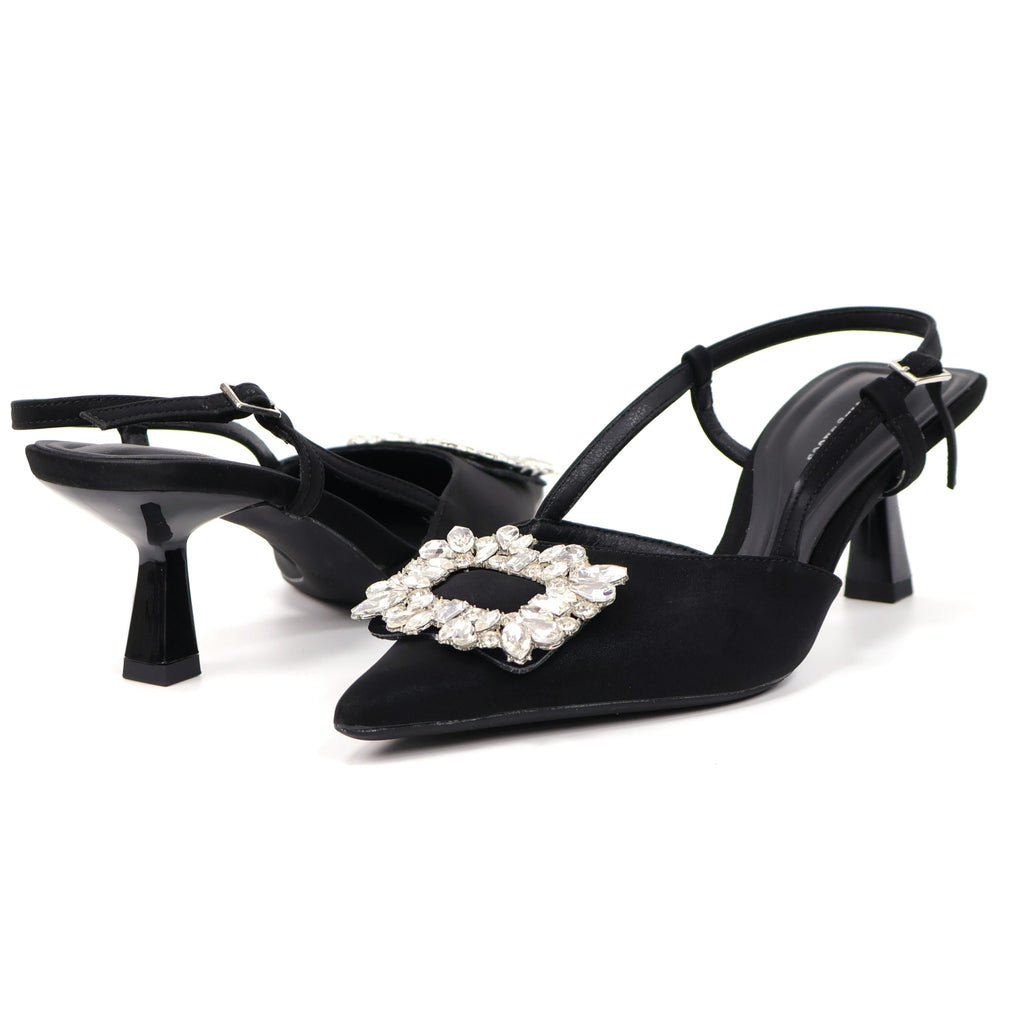 Black pointed-toe crystal buckle slingback heels