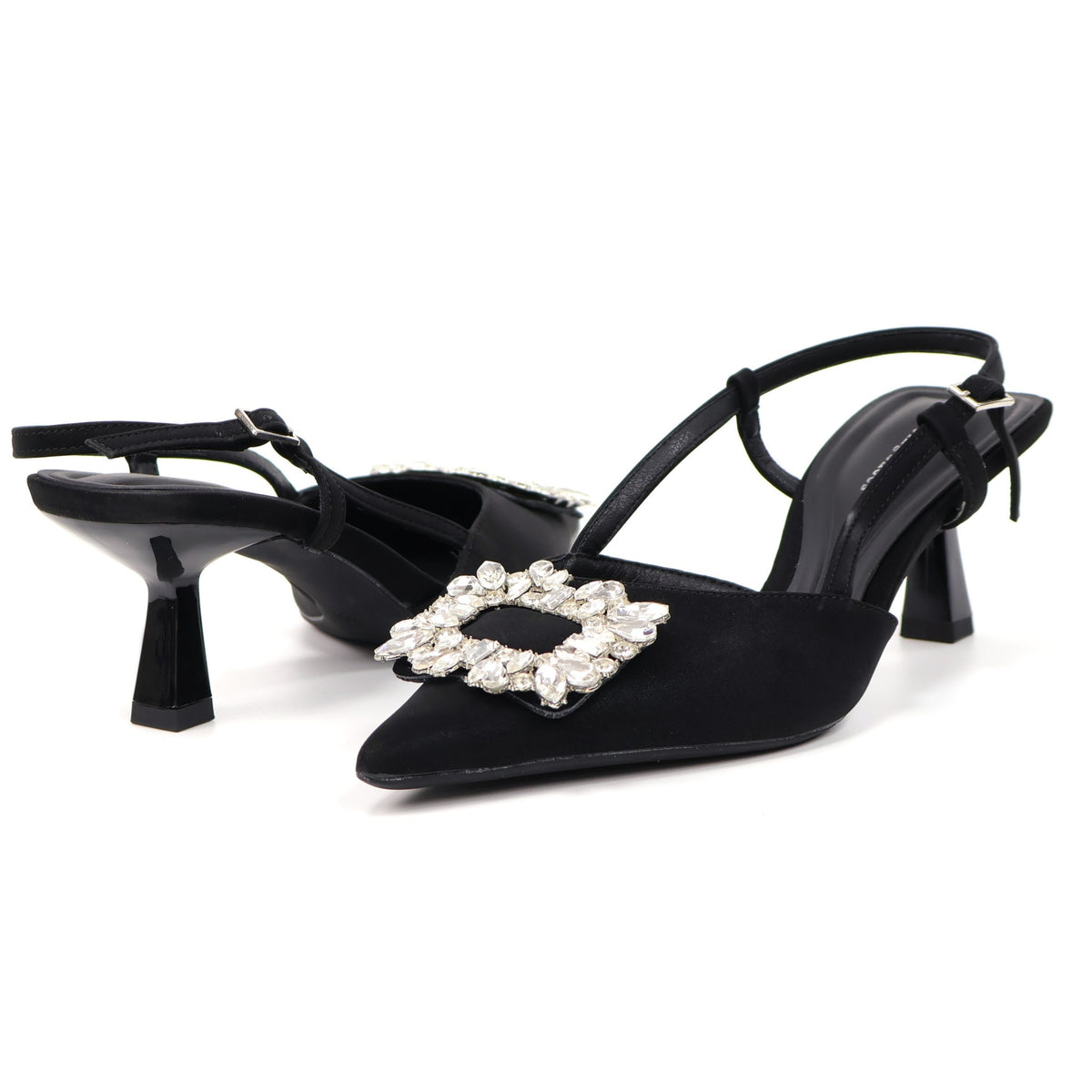 Black pointed-toe crystal buckle slingback heels