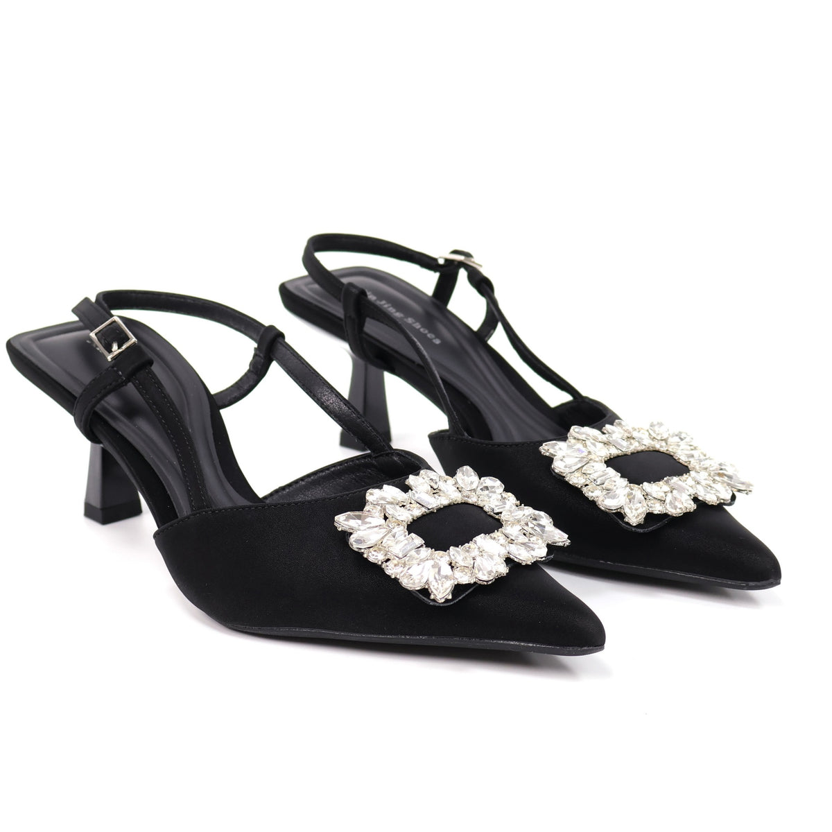 Black pointed-toe crystal buckle slingback heels