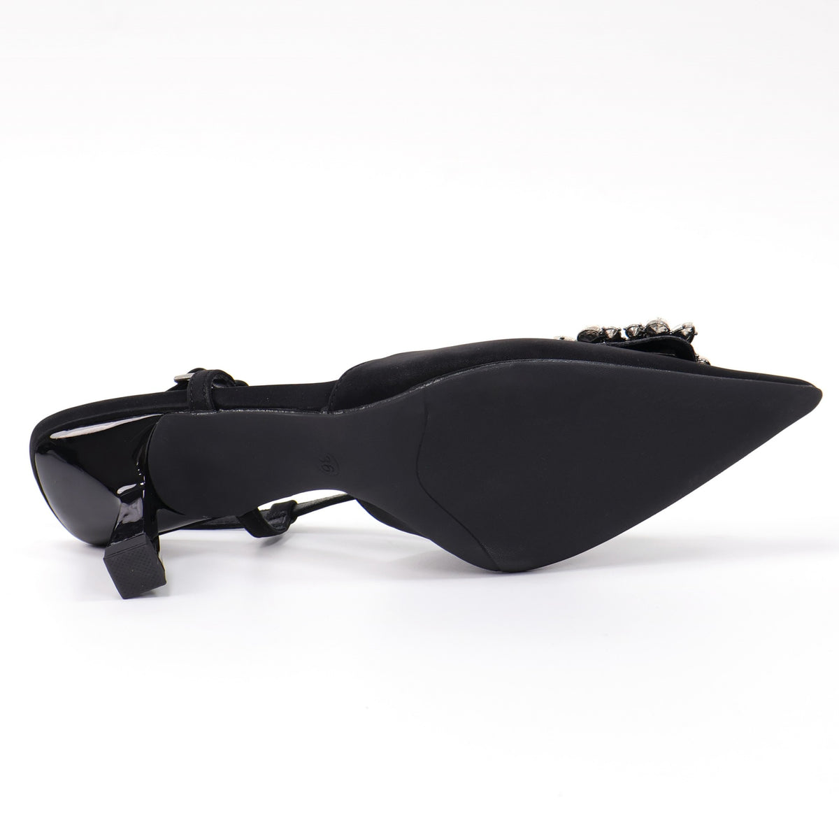 Black pointed-toe crystal buckle slingback heels