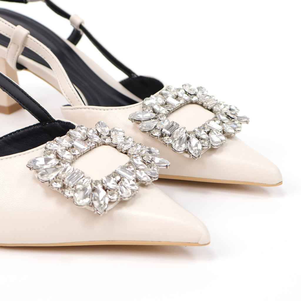 Off-White pointed-toe crystal buckle slingback heels