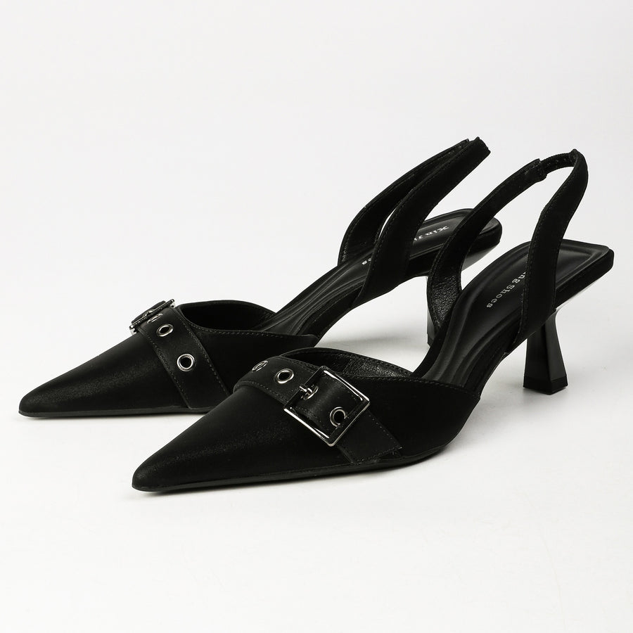 Black pointed-toe buckle slingback heels, pair front three-quarter view