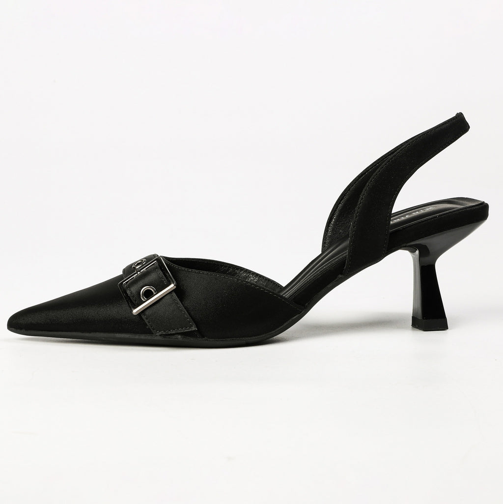 Black pointed-toe buckle slingback heels, side view