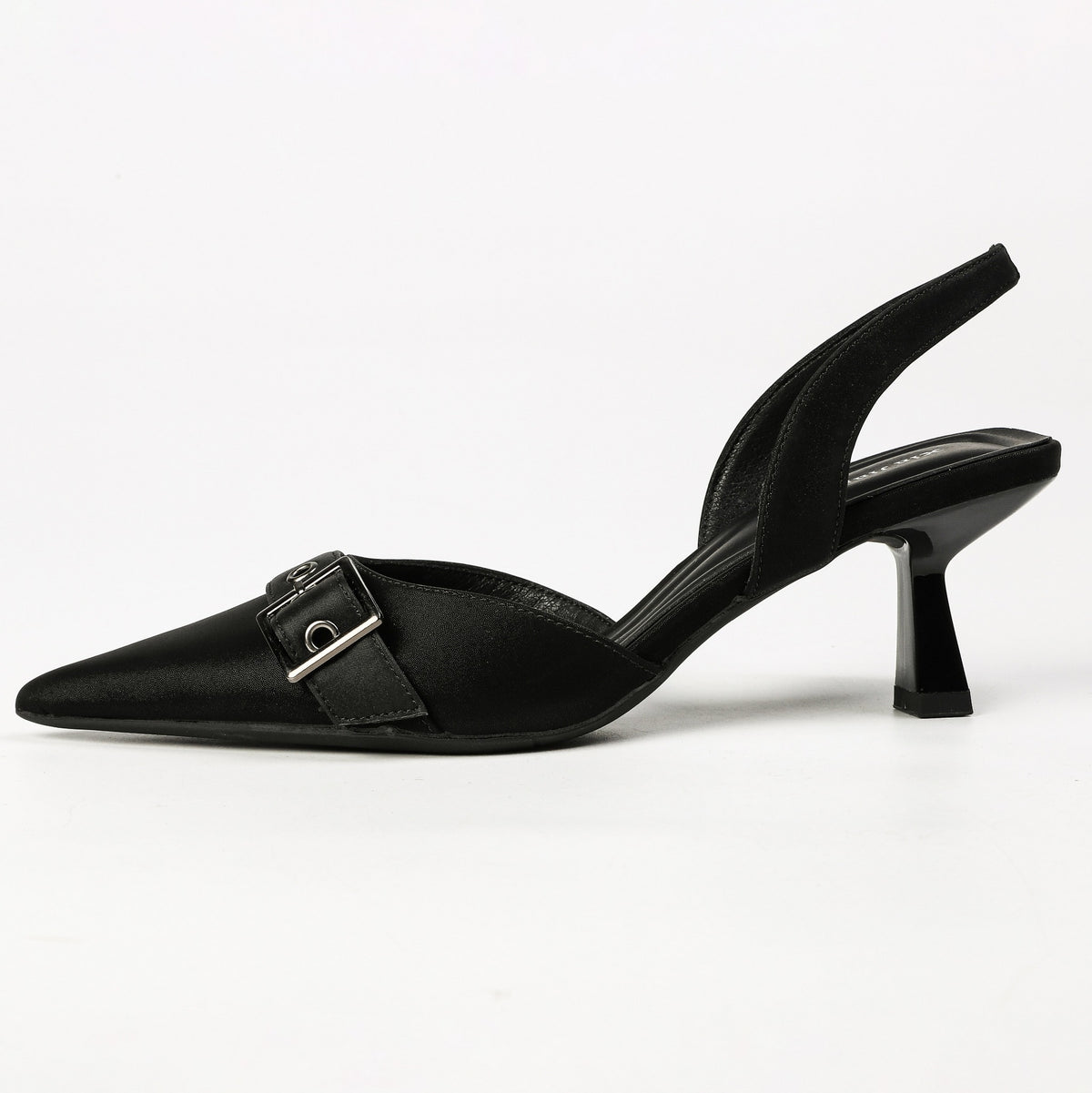 Black pointed-toe buckle slingback heels, side view
