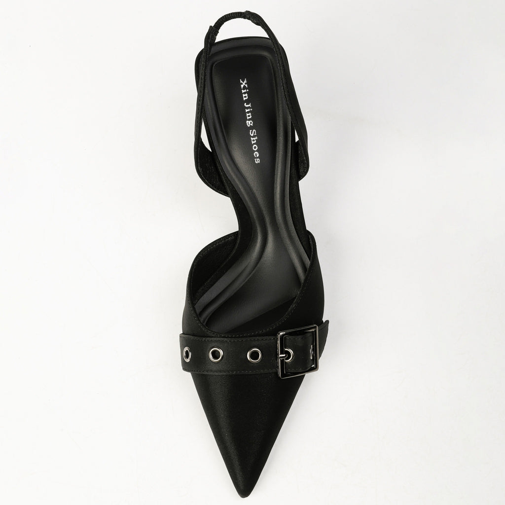 Black pointed-toe slingback heel top view