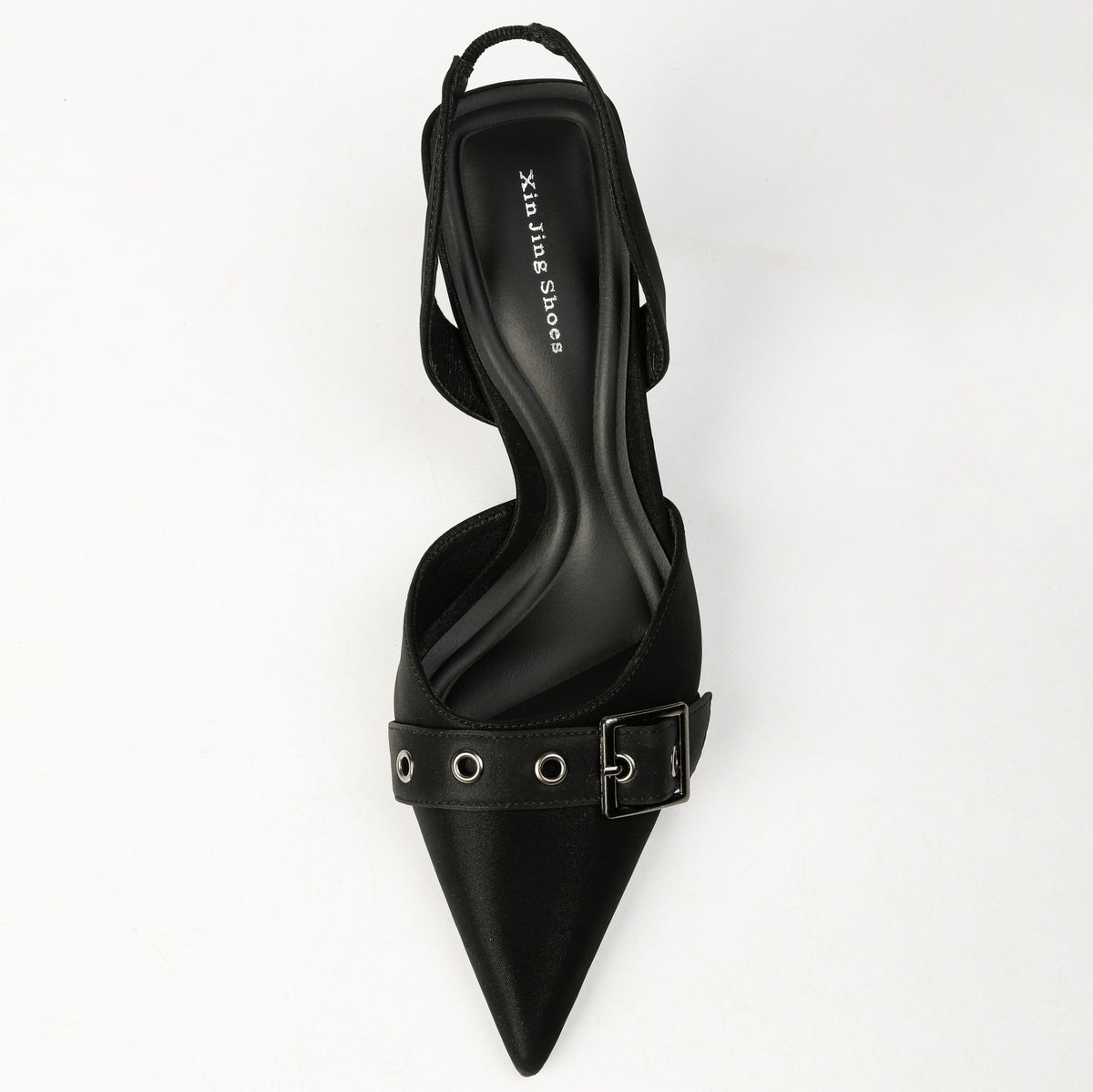 Black pointed-toe slingback heel top view