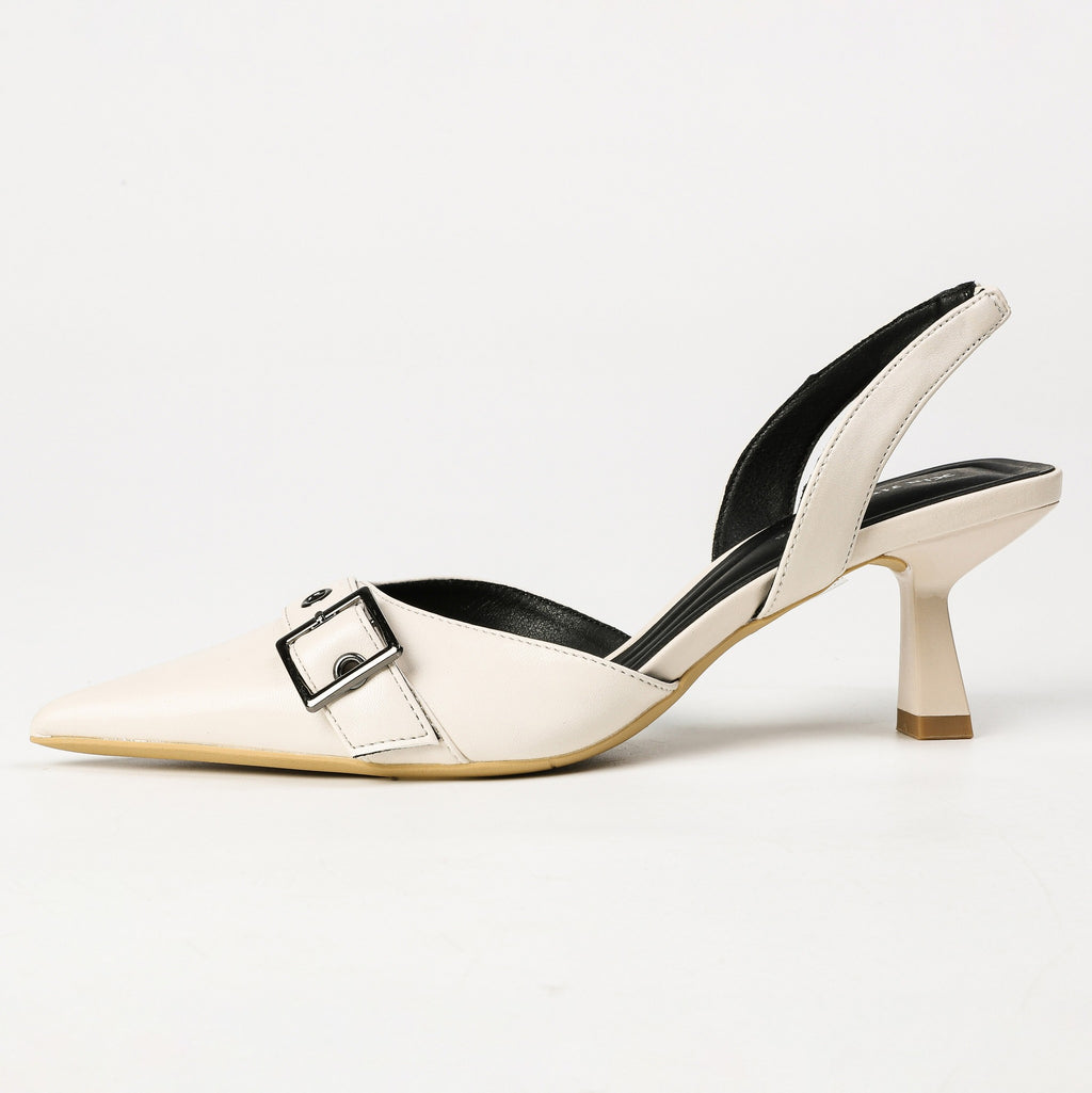 Off-white pointed-toe buckle slingback heel side profile