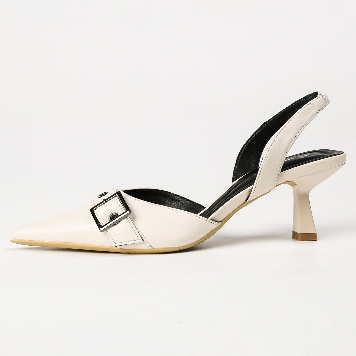 Off-white pointed-toe buckle slingback heel side profile