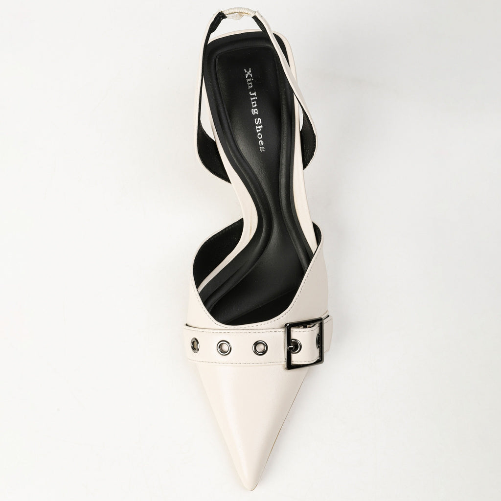 Off-white pointed-toe slingback heel top view