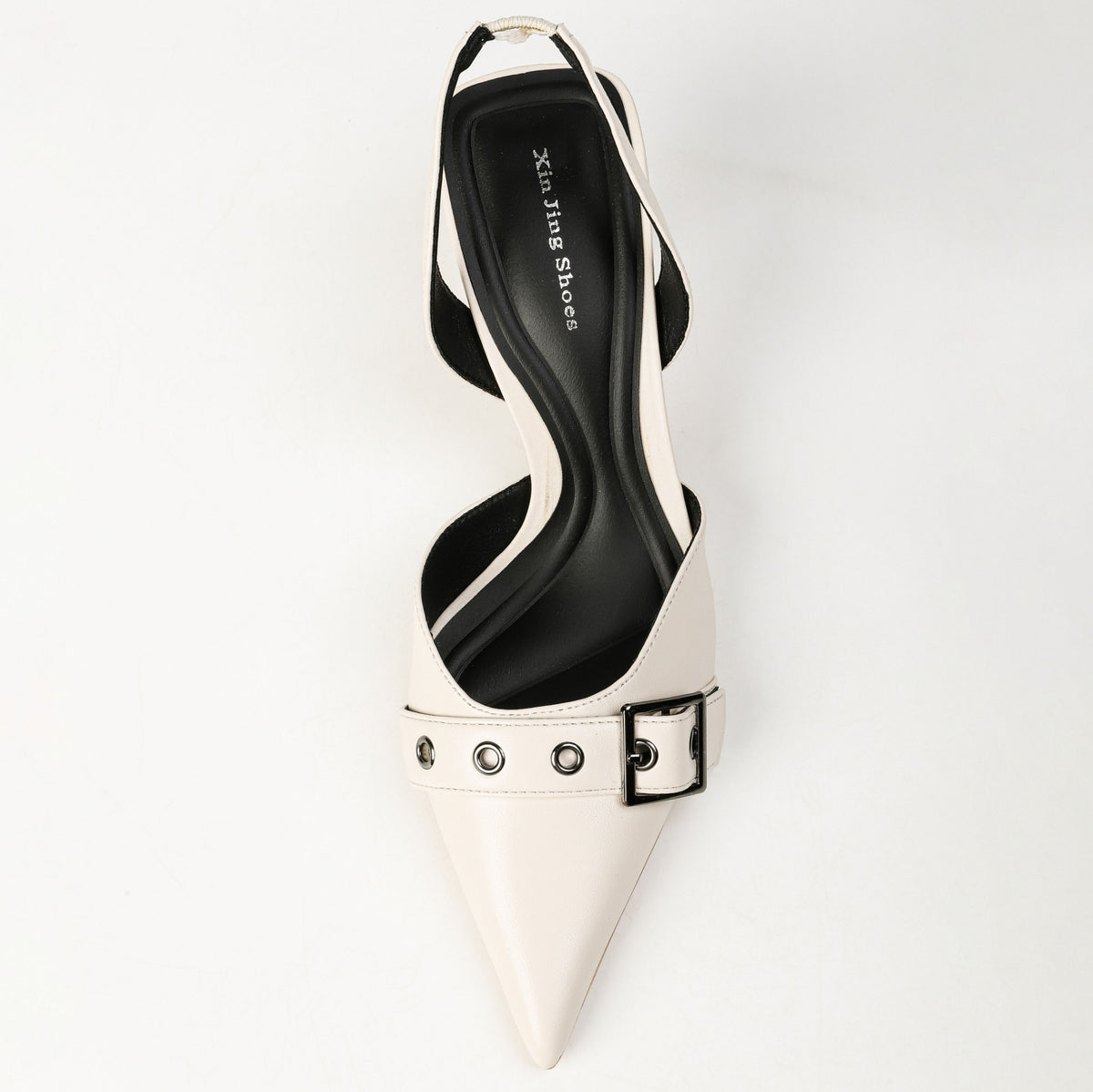 Off-white pointed-toe slingback heel top view