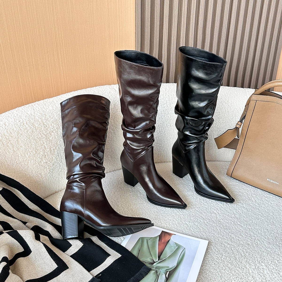 Black and brown glossy slouch knee-high boots, style 668-3