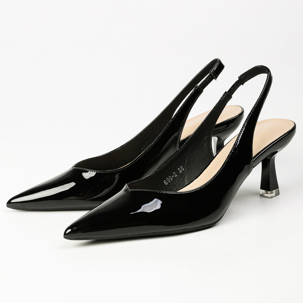 Black patent pointed-toe slingback heels front three-quarter pair