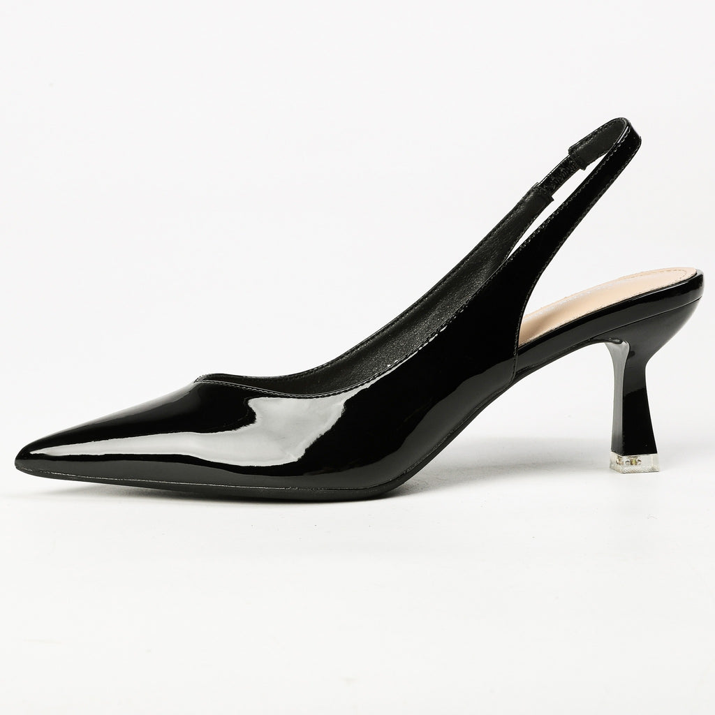 Black patent pointed-toe slingback heels side profile