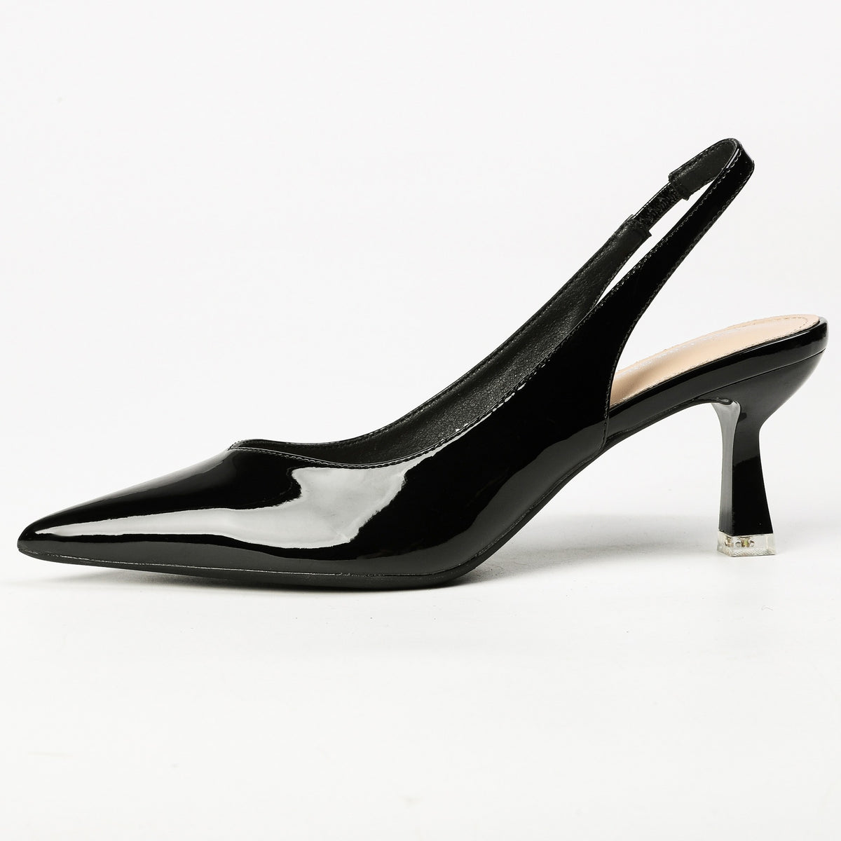 Black patent pointed-toe slingback heels side profile