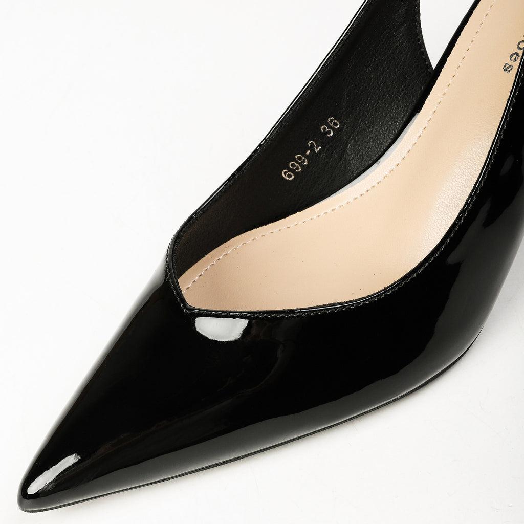 Black patent slingback heel pointed toe close-up