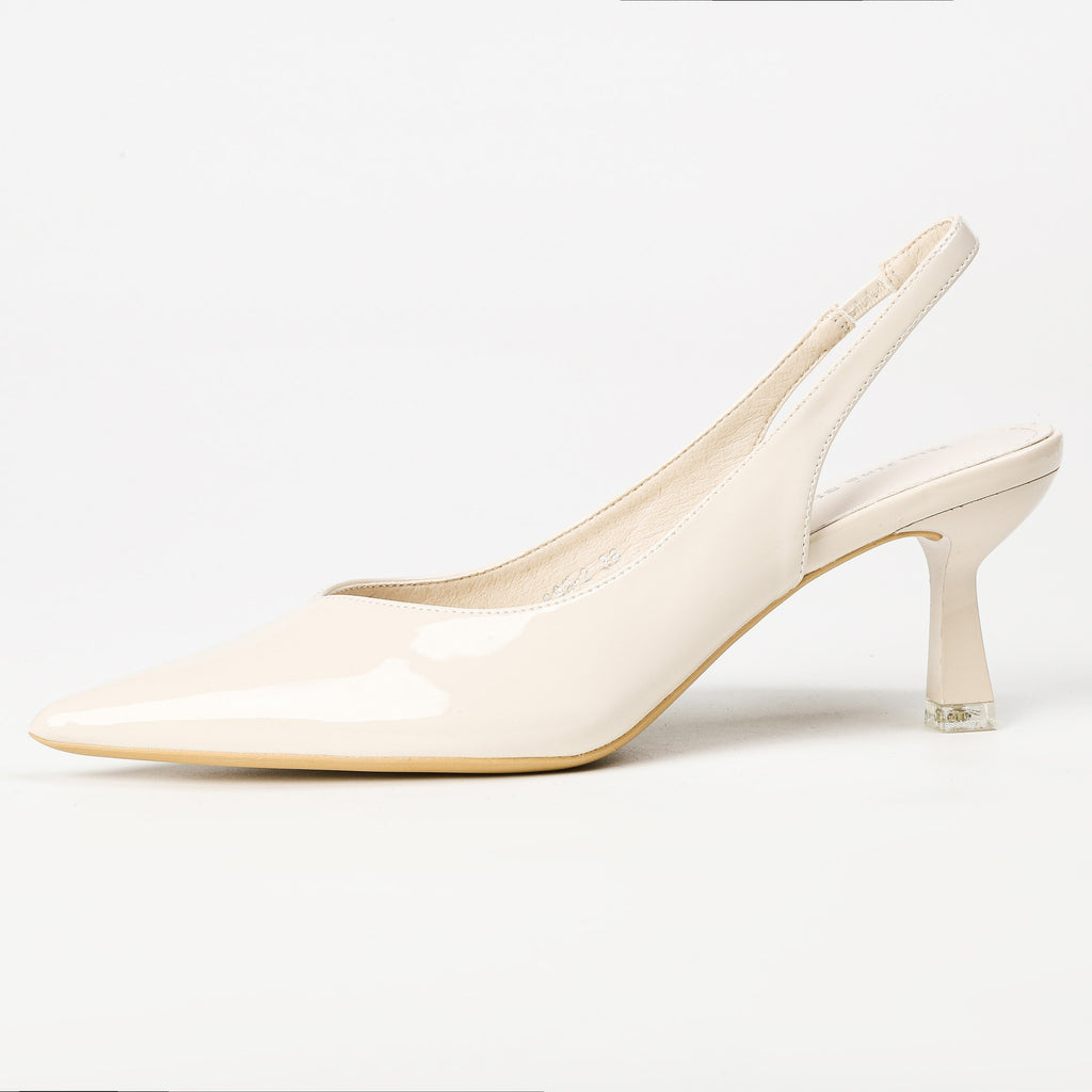 Cream patent slingback heel side view