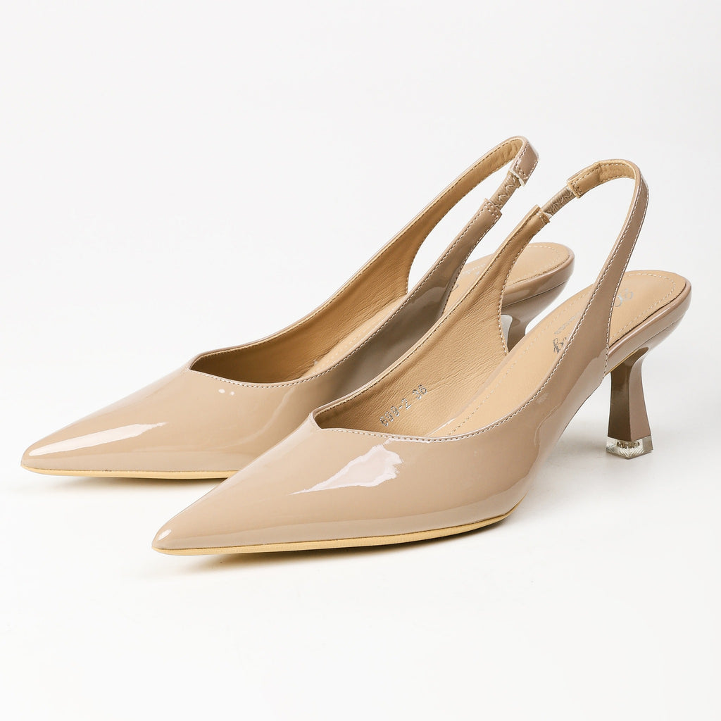Khaki patent pointed-toe slingback heels front pair
