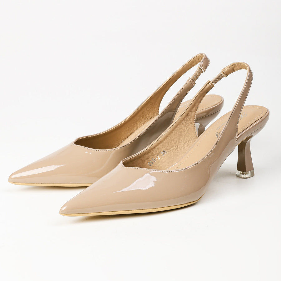 Khaki patent pointed-toe slingback heels front pair