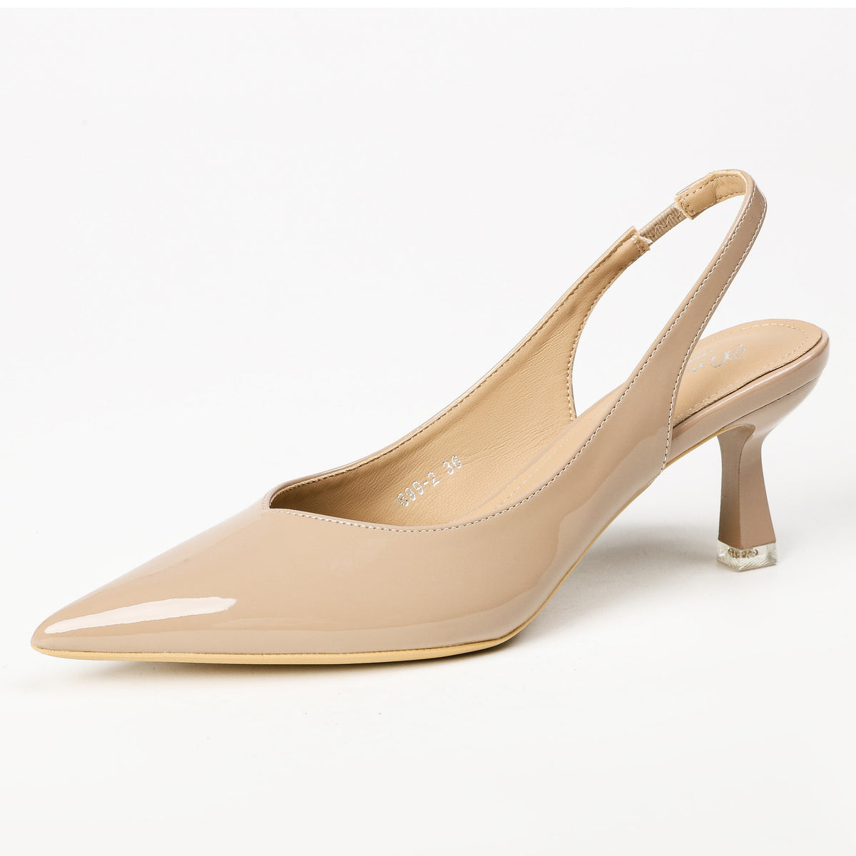 Khaki patent slingback heel side view
