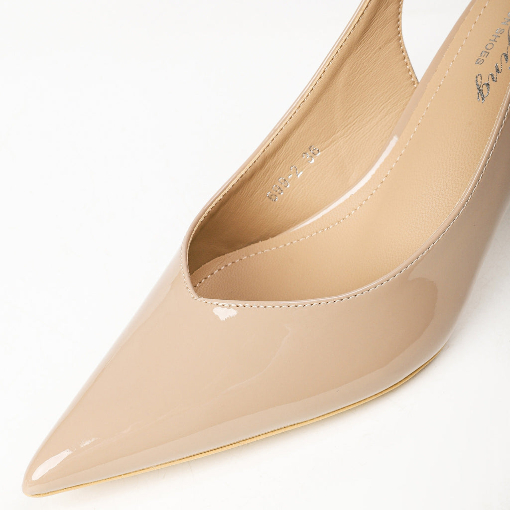 Khaki patent slingback heel pointed toe close-up